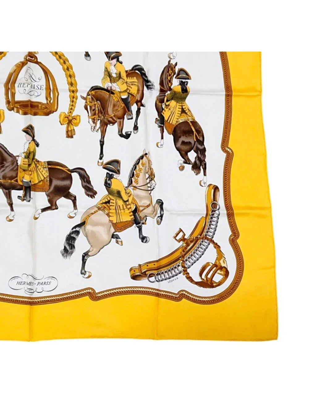 Hermes Carre 90 Reprise Ledoux Yellow Silk 100% Large Scarf